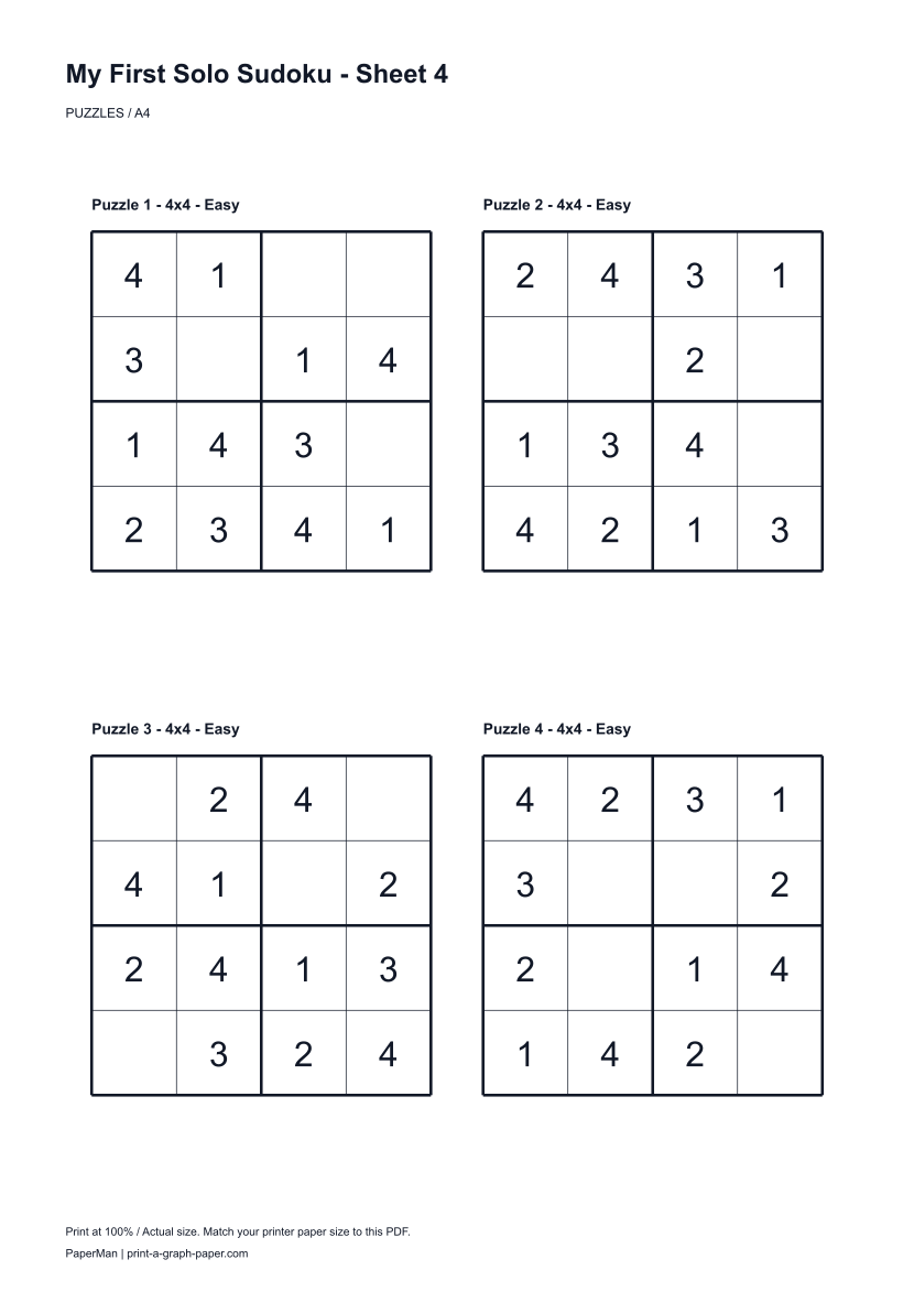 My First Solo Sudoku, worksheet 4: four printable puzzles