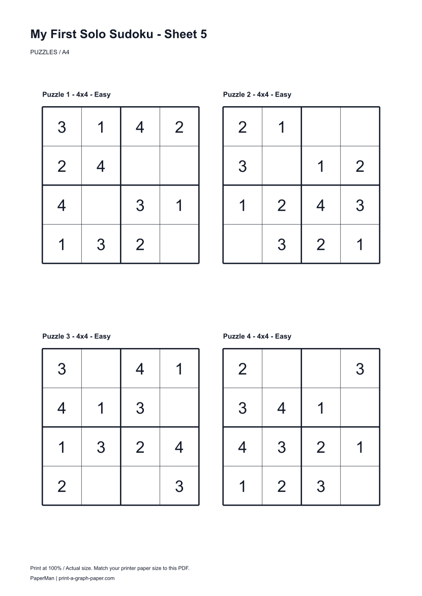 My First Solo Sudoku, worksheet 5: four printable puzzles