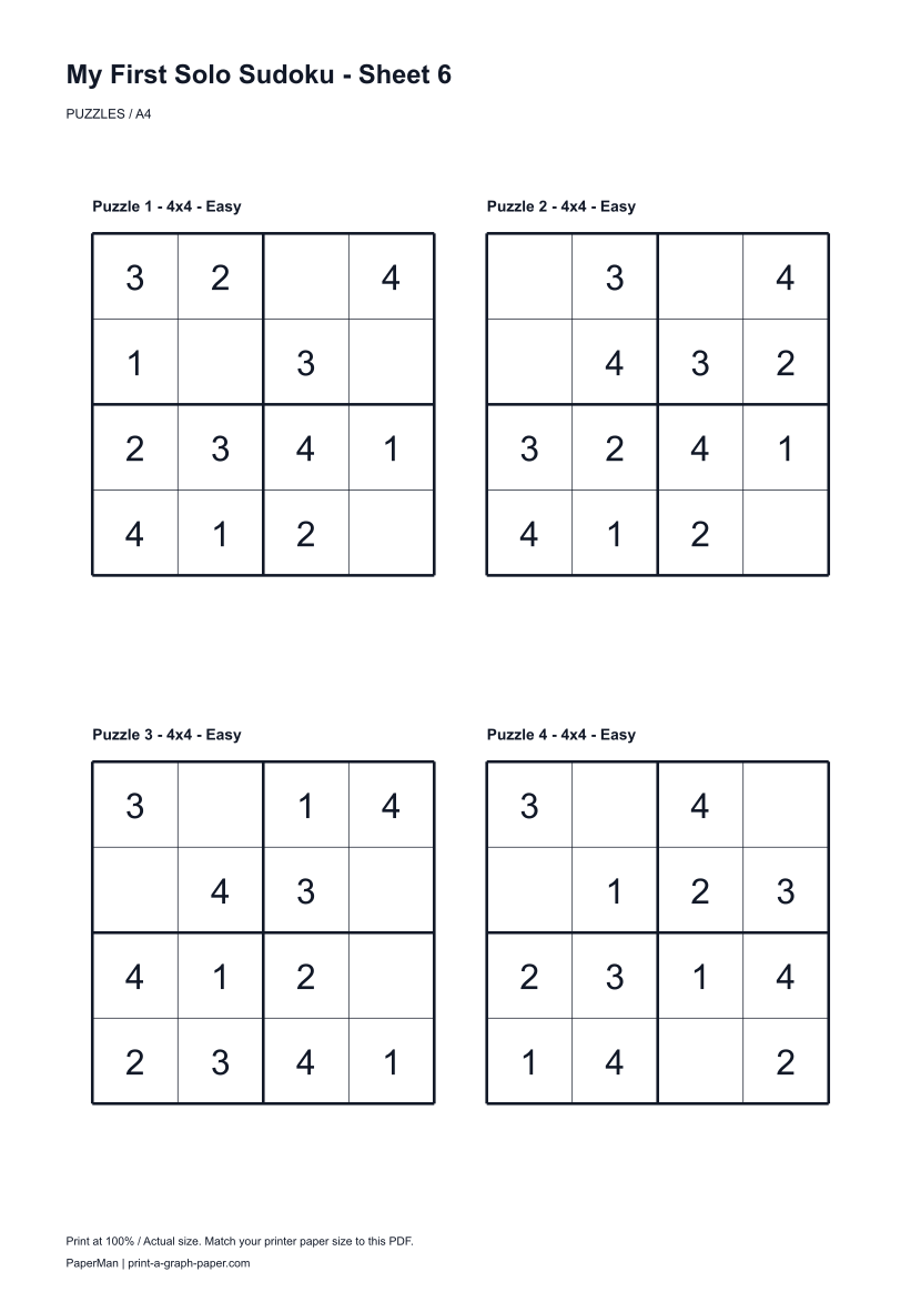 My First Solo Sudoku, worksheet 6: four printable puzzles