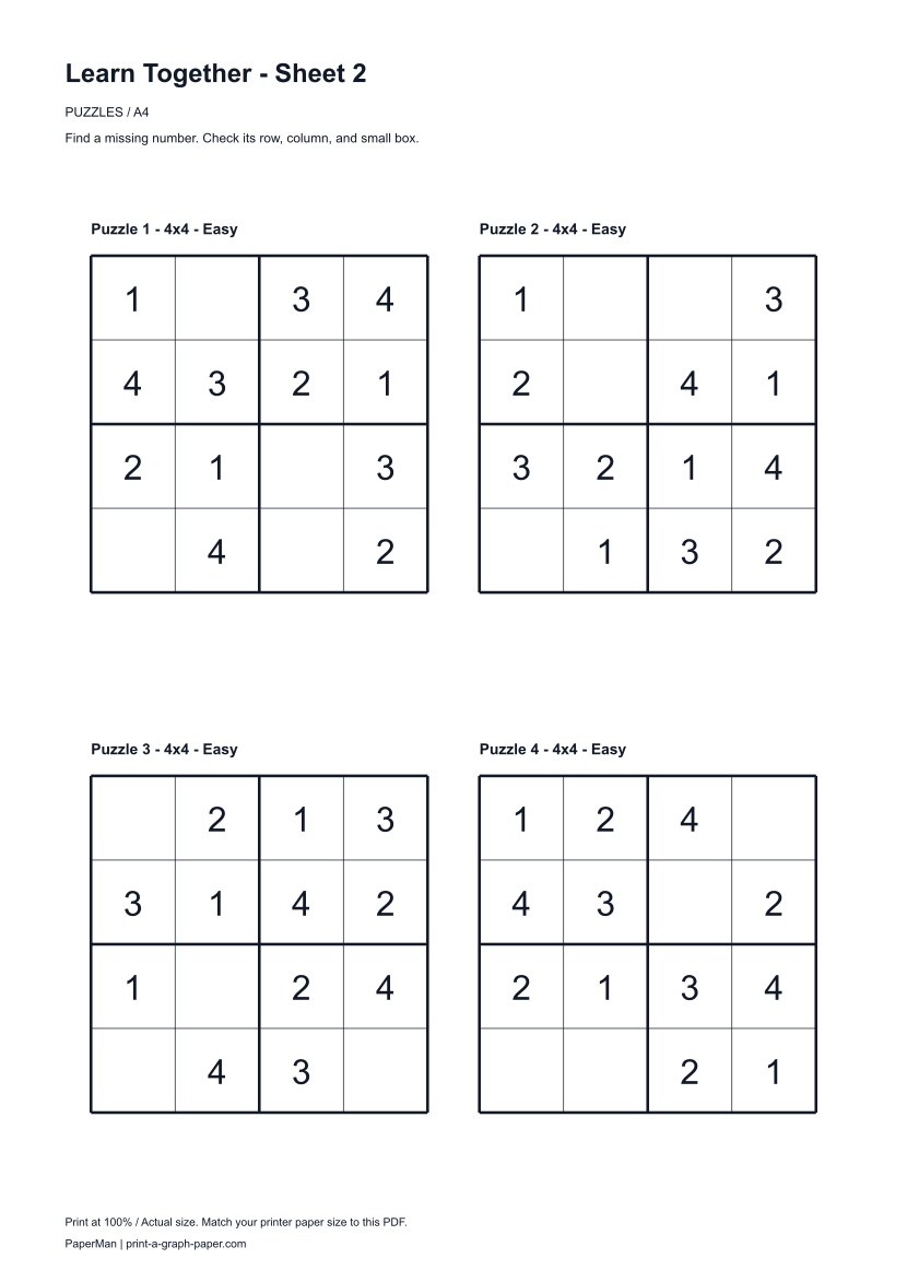 Learn Together, worksheet 2: four printable puzzles