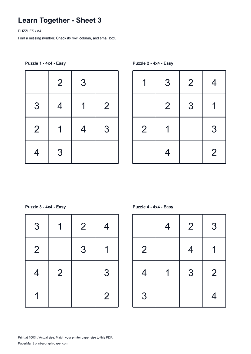 Learn Together, worksheet 3: four printable puzzles