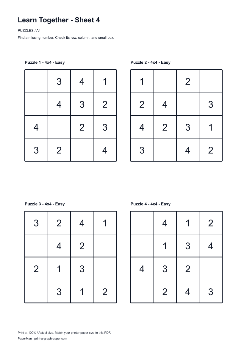 Learn Together, worksheet 4: four printable puzzles