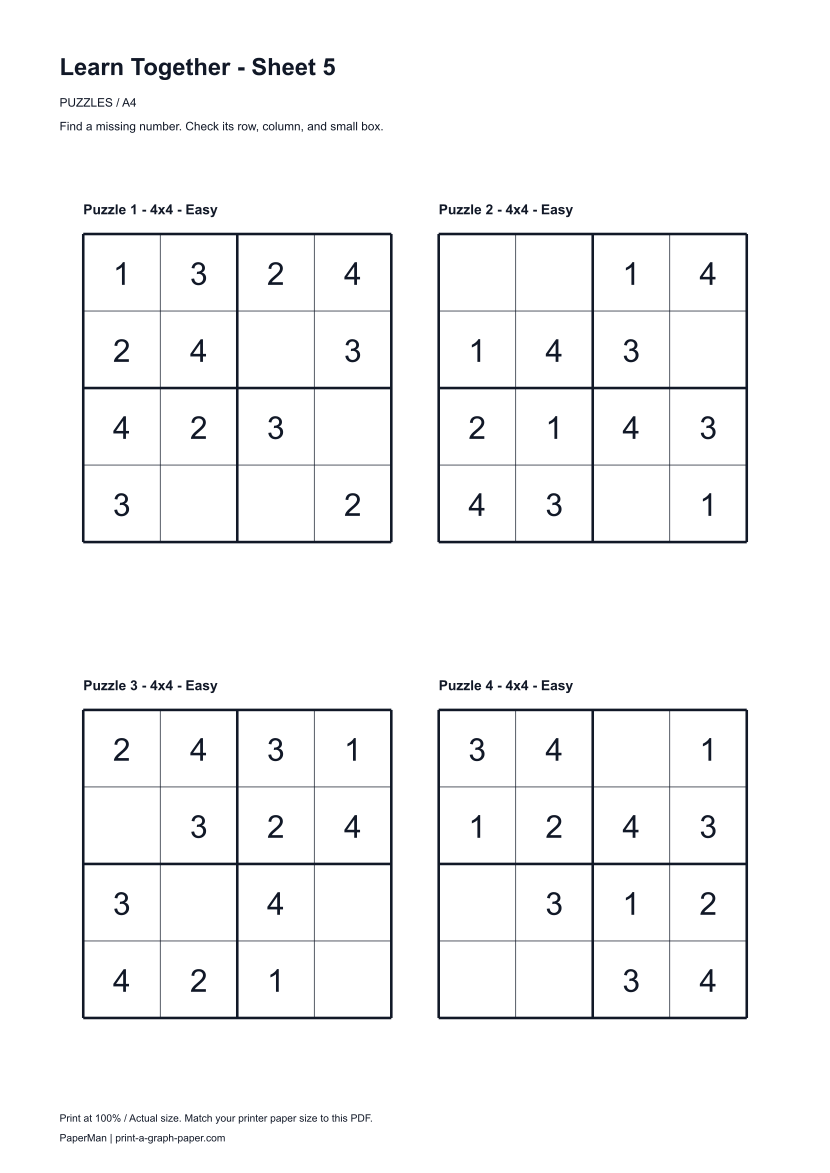 Learn Together, worksheet 5: four printable puzzles