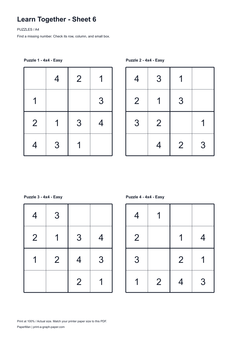 Learn Together, worksheet 6: four printable puzzles