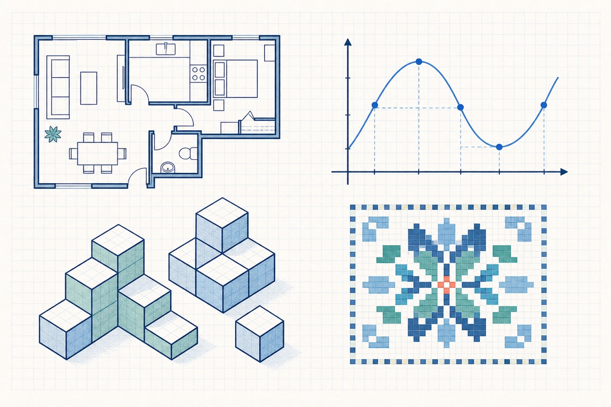 Illustration combining a floor plan, coordinate sketch, isometric blocks, and a pixel pattern on graph paper